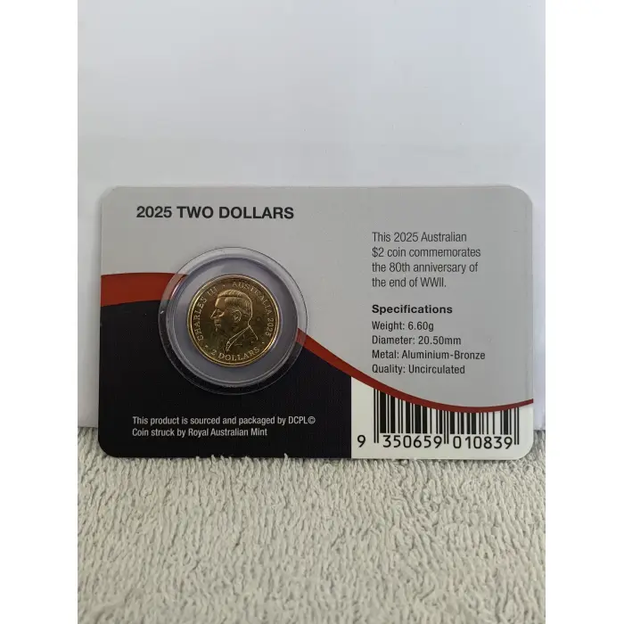 2025 $2 End of WWll 80th Anniversary UnC in coin capsule on card