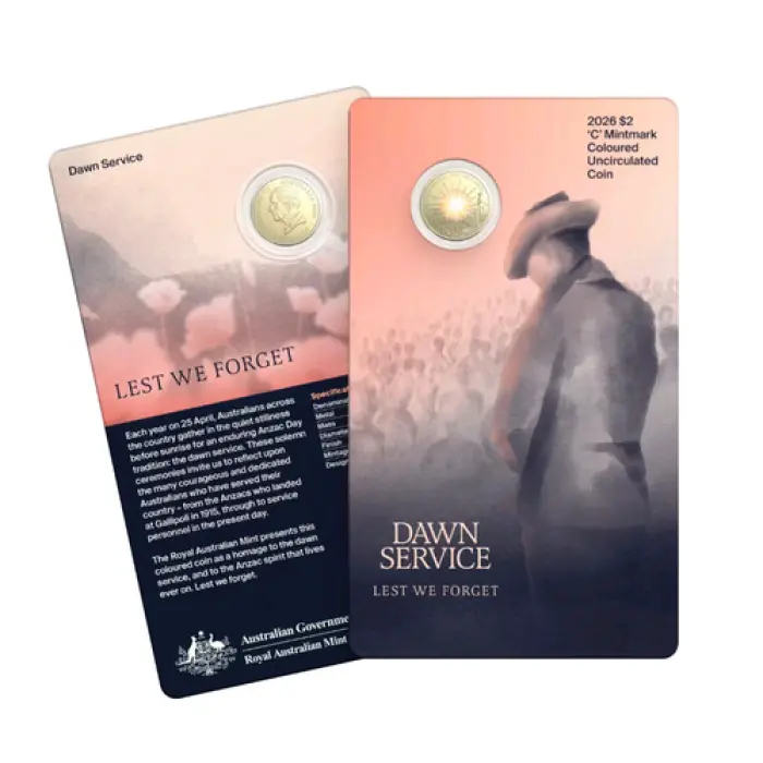 2026 $2 Coloured C Mintmark Coin In Card Dawn Service ANZAC