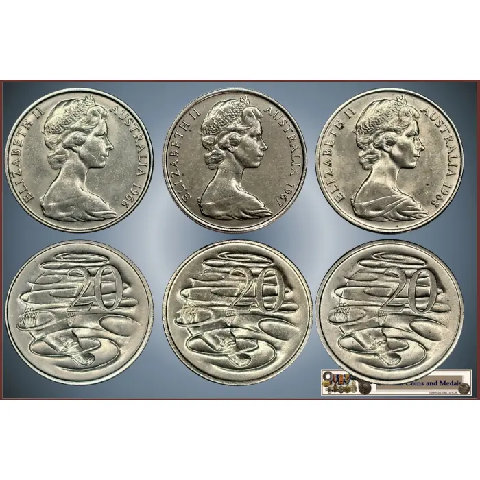 20 Cent 1966, 1967, 1968, Key Date set of 3 all Uncirculate Coins