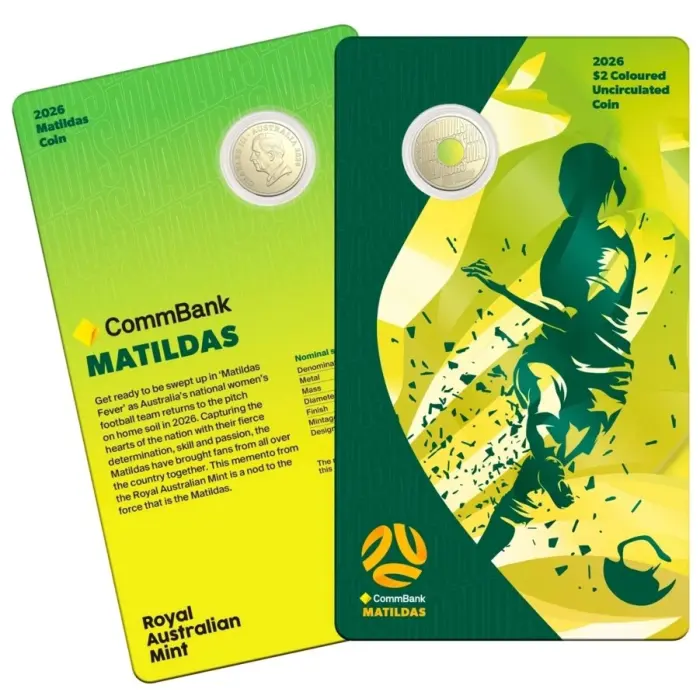 2026 Matildas $2 Coloured Uncirculated Coin on Card RAM Australia UNC