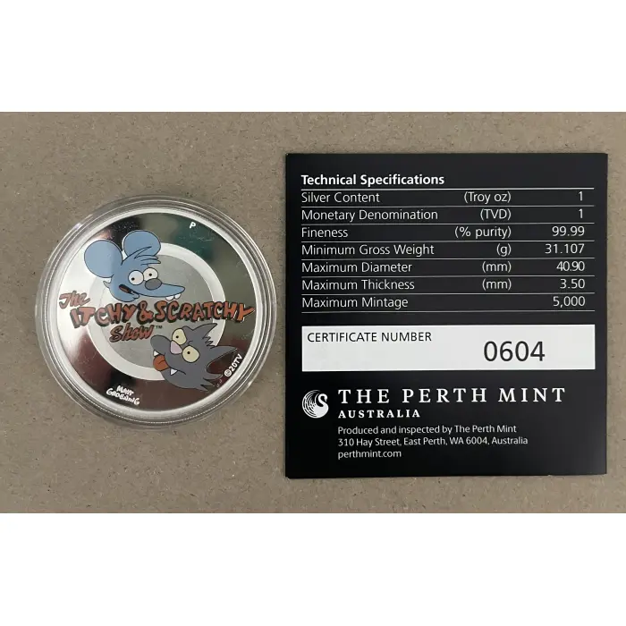 2021 The Simpsons – Itchy & Scratchy 1oz Silver Proof Coloured Coin | Perth Mint