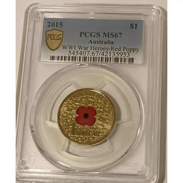 2015 $1 WWI War Heroes Red Poppy Colourised Coin – PCGS MS67