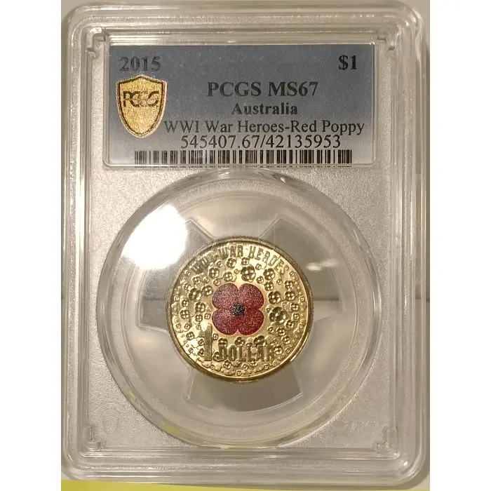 2015 $1 WWI War Heroes Red Poppy Colourised Coin – PCGS MS67
