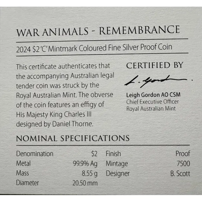 War Animals Remembrance Purple Poppy 2024 $2 C Mintmark Colour Silver Proof Coin