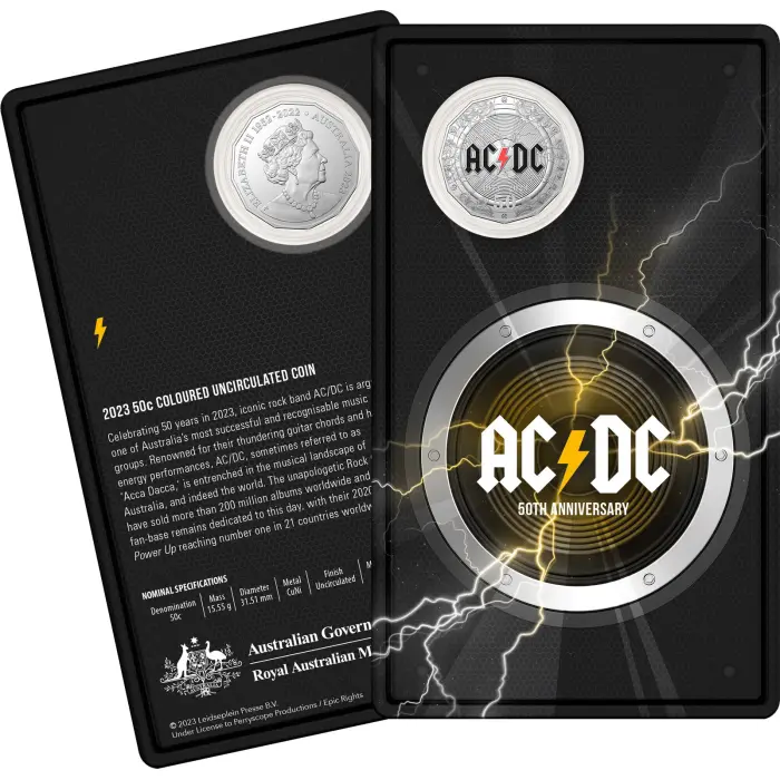 2023 50c 50th Anniversary ACDC Carded Coin - Mintage: 30,000