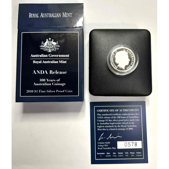 ANDA RELEASE 100 YEAR'S OF AUST COINAGE 2010 $1 SILVER PROOF "S" Master M/Mark