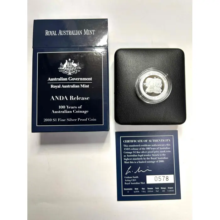 ANDA RELEASE 100 YEAR'S OF AUST COINAGE 2010 $1 SILVER PROOF "S" Master M/Mark