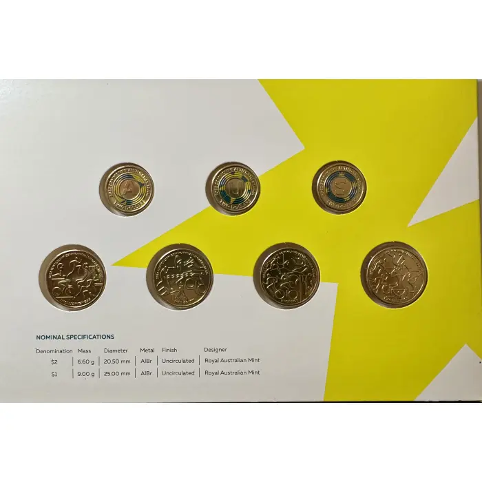 2022 Australian Commonwealth Games. 7 Coin Set - NEW in Folder $2 and $1 Coins