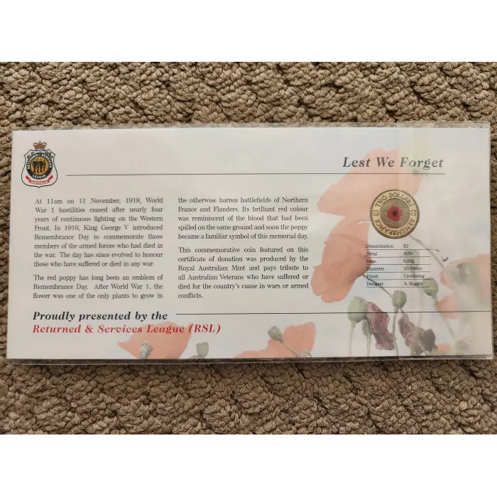 2012 Red Poppy $2 Coin in RSL Card