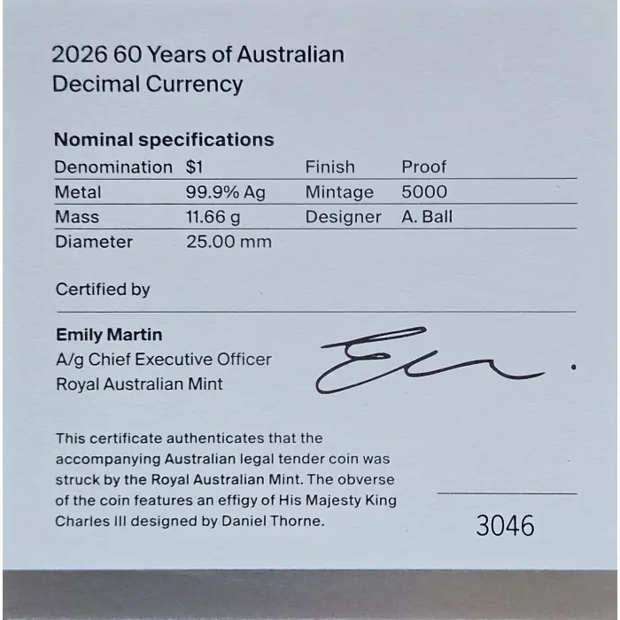2026 $1 'C' Mintmark Silver Proof – 60 Years of Decimal Currency