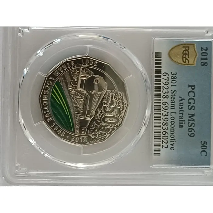 2018  coloured trains  3801 , Indian Pacific,  Ghan  PCGS MS69 set