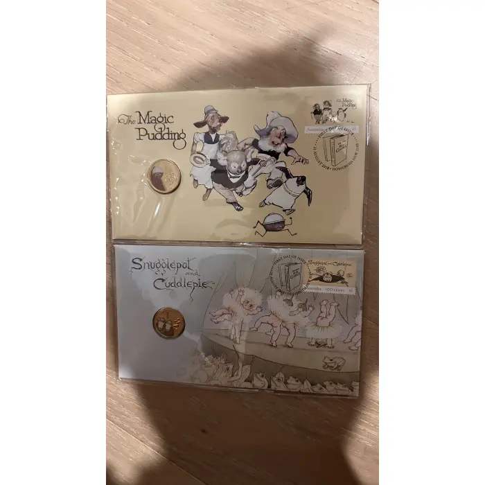 2018 The Magic Pudding & Snugglepot and Cuddlepie PNC Pair w/ $1 Coloured Coin