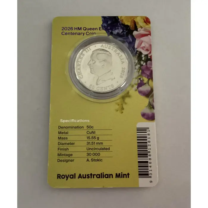 2026 Australia 50c HM Queen Elizabeth 11 Centenary UNC Carded Coin