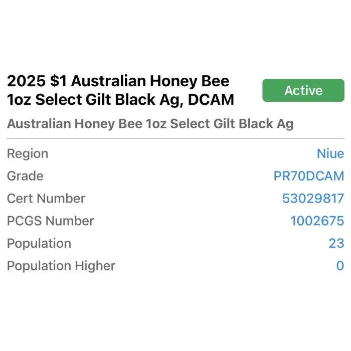 2025 $1 Australian Honey Bee PR70DCAM 1oz Select Gilt Black - Top Pop