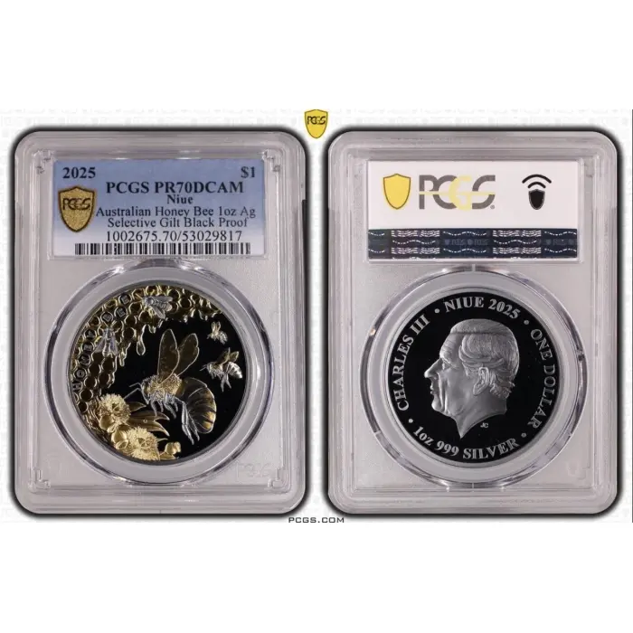 2025 $1 Australian Honey Bee PR70DCAM 1oz Select Gilt Black - Top Pop