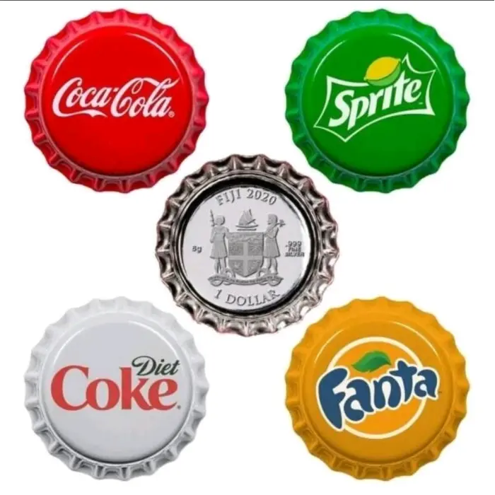 2020 Fiji Cola Fanta Sprite & Diet 4-Coin Silver Proof  Bottle Cap Shaped – Rare