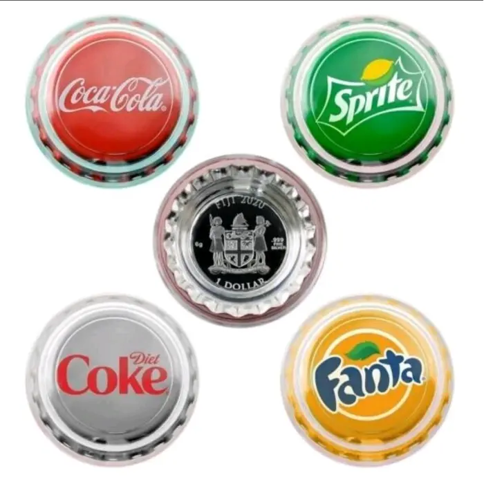 2020 Fiji Cola Fanta Sprite & Diet 4-Coin Silver Proof  Bottle Cap Shaped – Rare