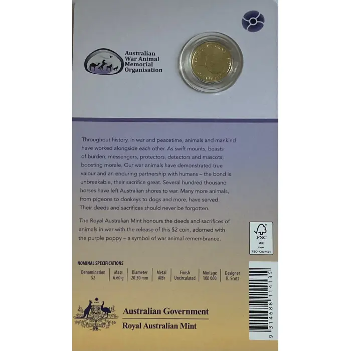 2024 $2  WAR  ANIMALS  REMEMBRANCE  ‘C’  Mint Mark - Coloured UNC Carded Coin