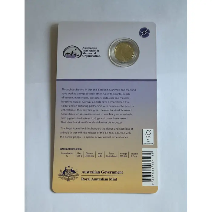 2024 $2  WAR  ANIMALS  REMEMBRANCE  ‘C’  Mint Mark - Coloured UNC Carded Coin