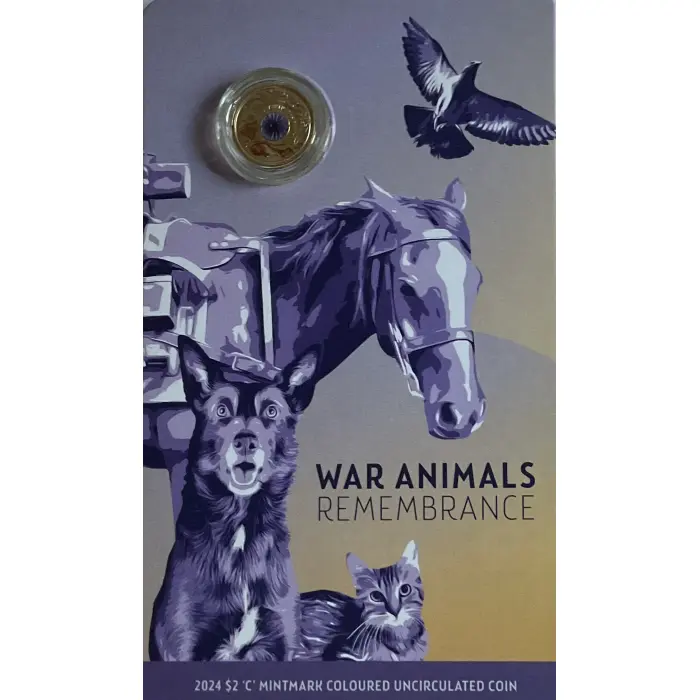 2024 $2  WAR  ANIMALS  REMEMBRANCE  ‘C’  Mint Mark - Coloured UNC Carded Coin