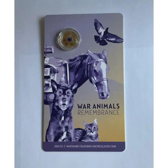 2024 $2  WAR  ANIMALS  REMEMBRANCE  ‘C’  Mint Mark - Coloured UNC Carded Coin