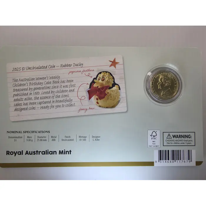 2025 $1 Australian Womens Weekly Birthday Cake- Rubber Ducky $1 UNC Coin in Card