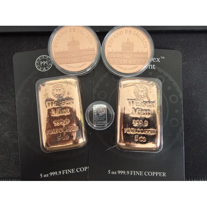 2 x 5oz 999 fine copper bars plus free wessex mint 1g silver and 2 x 1oz jalisc