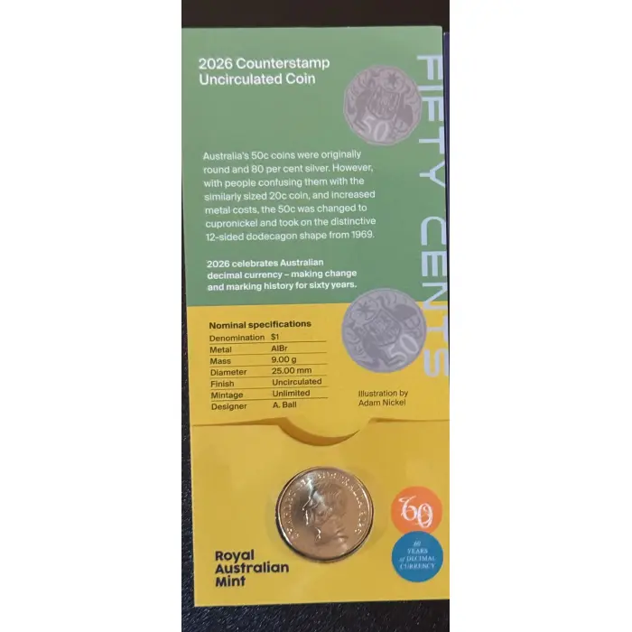 2026 $1 60TH ANNIVERSARY DECIMAL CURRENCY “AUSTRALIA MAP COUNTERSTAMP" - GREEN