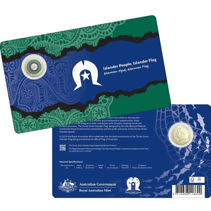 2025 Torres Strait Islander Flag $2 Coloured C Mintmark Coin RAM UNC Card