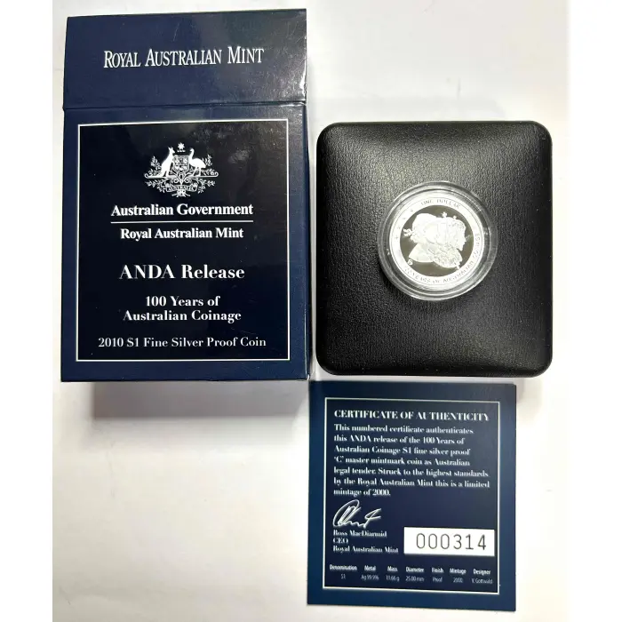 ANDA RELEASE 100 YEAR'S OF AUST COINAGE 2010 $1 SILVER PROOF "C" Master M/Mark