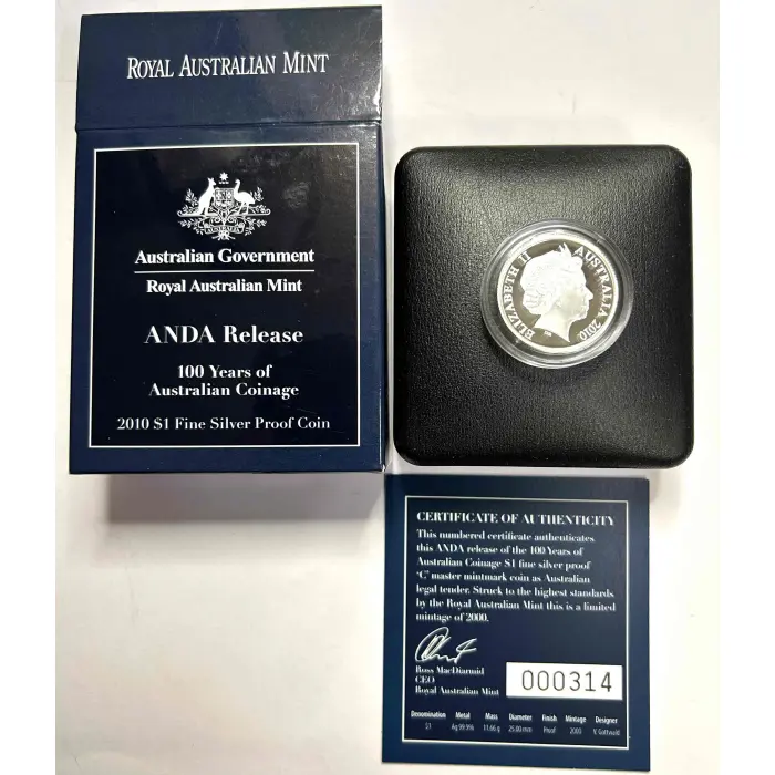 ANDA RELEASE 100 YEAR'S OF AUST COINAGE 2010 $1 SILVER PROOF "C" Master M/Mark