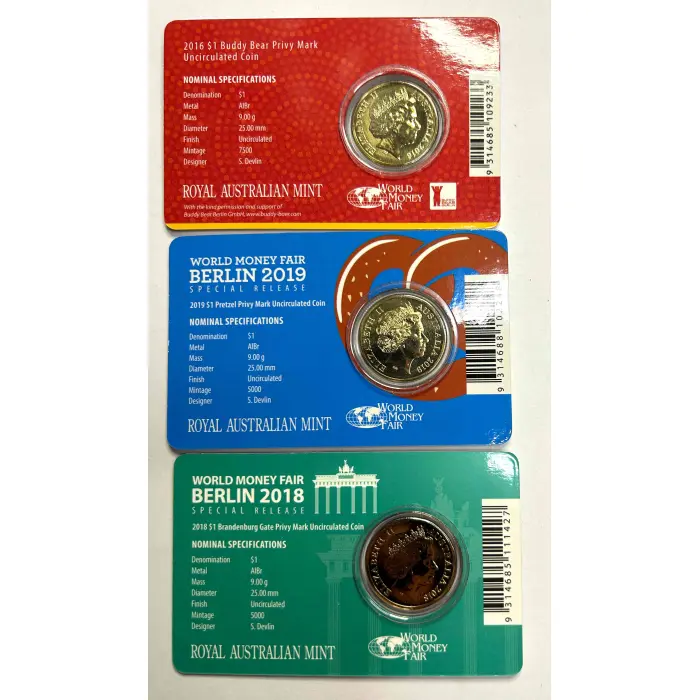 Berlin World Money Fair $1 Privy Coins (3 Different Privy Marks)