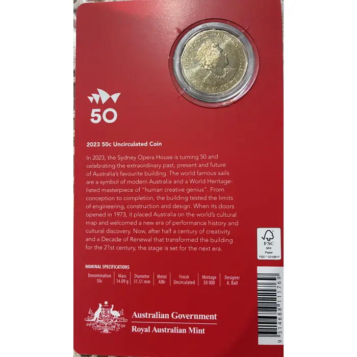 2023 50TH ANNIVERSARY OF THE SYDNEY OPERA HOUSE 50c CARDED COIN RAM