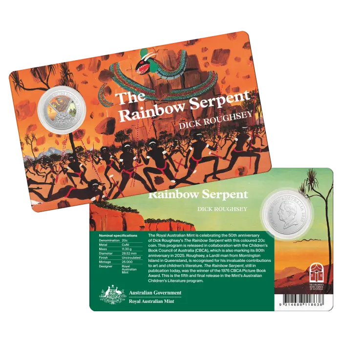 2025 AUSTRALIA 50TH ANNIV THE RAINBOW SERPENT 20c CENT UNC COLOURED COIN IN CARD
