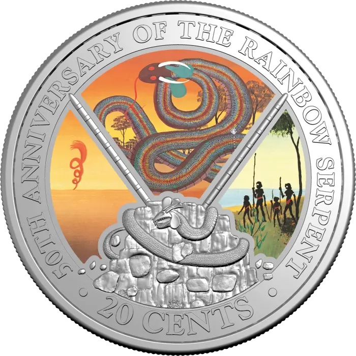 2025 AUSTRALIA 50TH ANNIV THE RAINBOW SERPENT 20c CENT UNC COLOURED COIN IN CARD