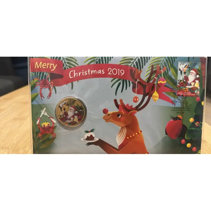 Australia 2019 Merry Christmas Stamp & $1 Coloured UNC Coin Cover - PNC