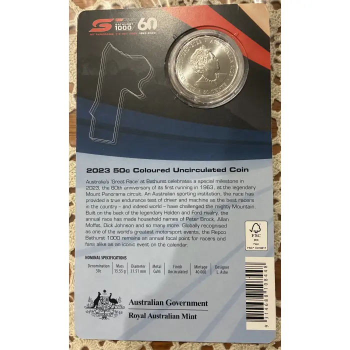 2023 60TH ANNIVERSARY OF THE BATHURST GREAT RACE COLOURED 50c CARDED COIN