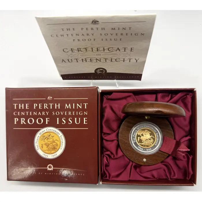 1999 Perth Mint “Centenary” proof issue bi metal full gold sovereign: 7500 mint