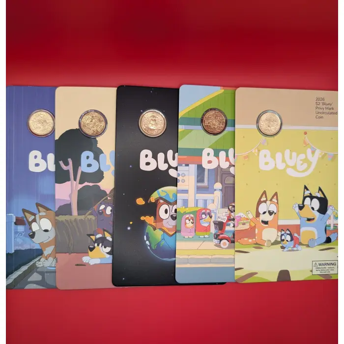 2026 Bluey Two Dollar Bucks Privy Mark Coin Cards - Complete Five Coin Set