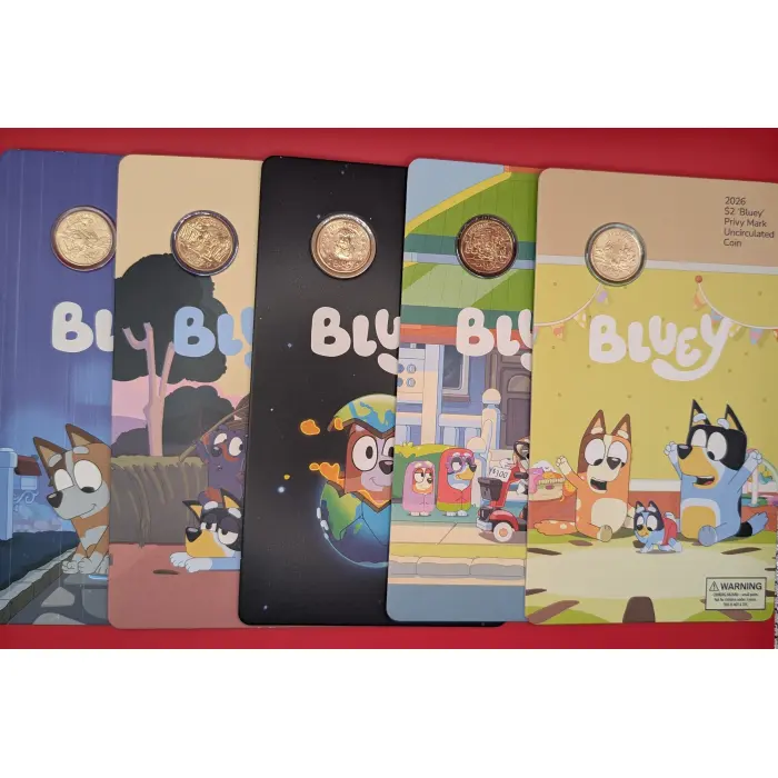 2026 Bluey Two Dollar Bucks Privy Mark Coin Cards - Complete Five Coin Set