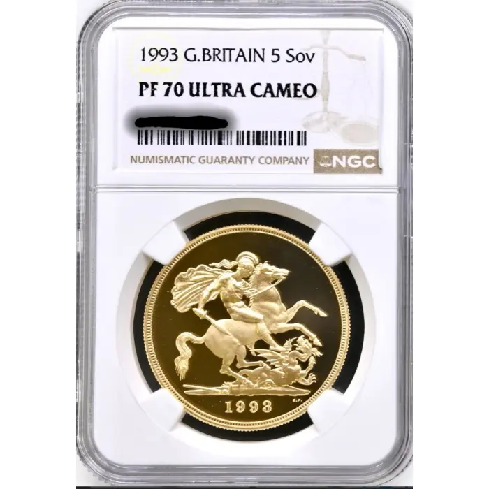 1993 Gold Proof Five Pounds Sovereign (£5) NGC Graded PF70 Ultra Cameo.