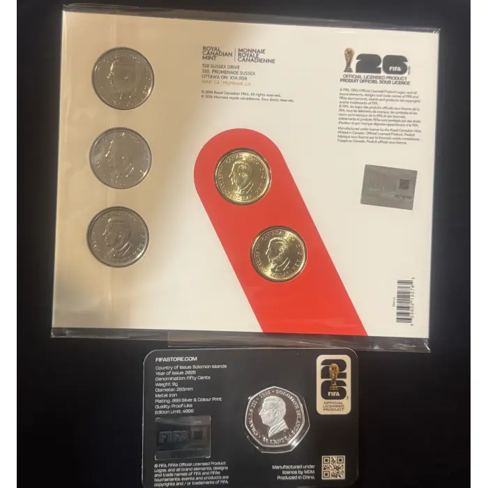 2026 Canada FIFA World Cup 5-Coin Set And 1 single 50c FIFA  coloured coin card
