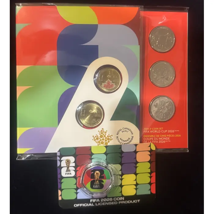 2026 Canada FIFA World Cup 5-Coin Set And 1 single 50c FIFA  coloured coin card