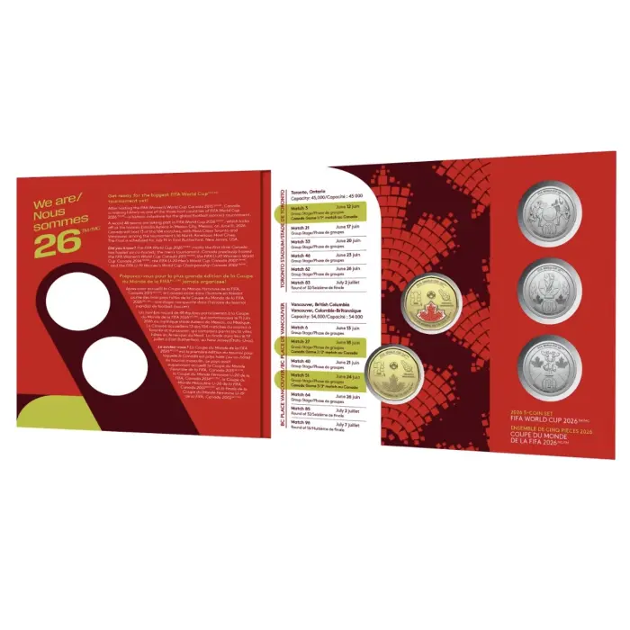 2026 Canada FIFA World Cup 5-Coin Set And 1 single 50c FIFA  coloured coin card