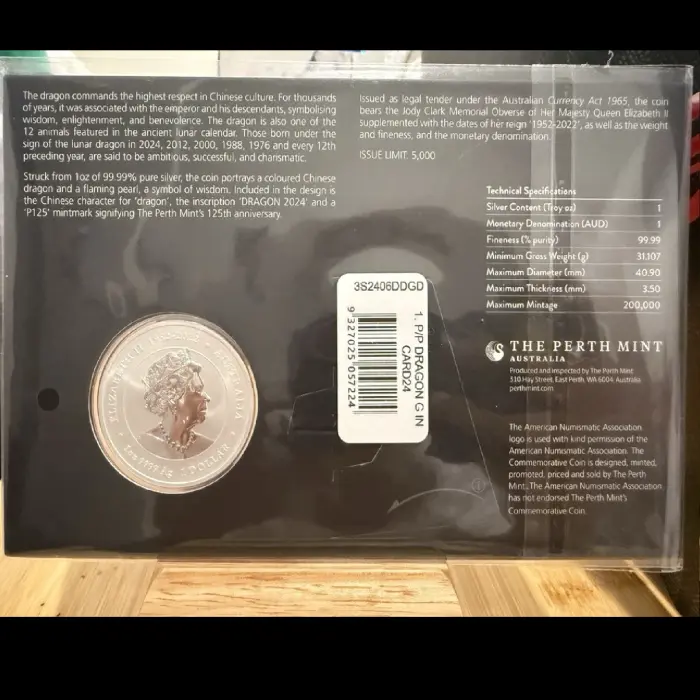 2024 Lunar Series III Year of the Dragon 1oz Silver Coloured Coin in Card Golden
