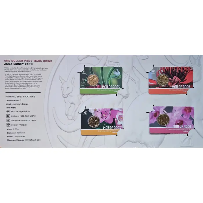 2019 ANDA Money Expo Complete Privy Mark Set – Four Coins in Maroon Folder