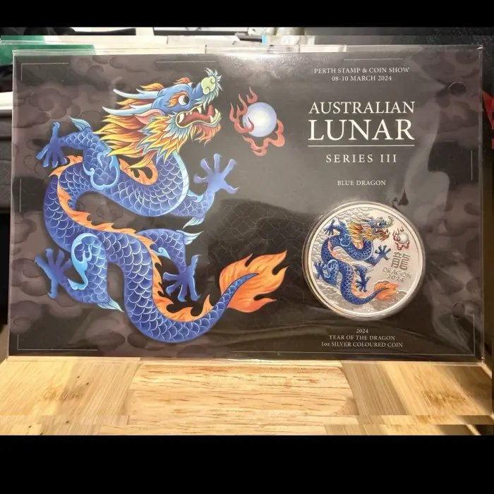 2024 Lunar Series III Year of the Dragon 1oz Silver Coloured Coin in Card Blue
