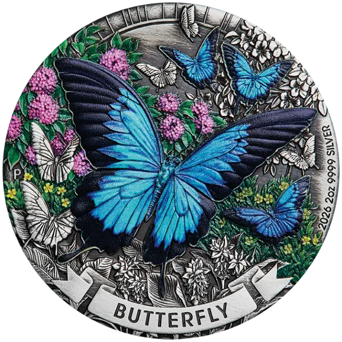 Australia Butterfly 2026 $2 Colour 2oz Silver Antique Coin