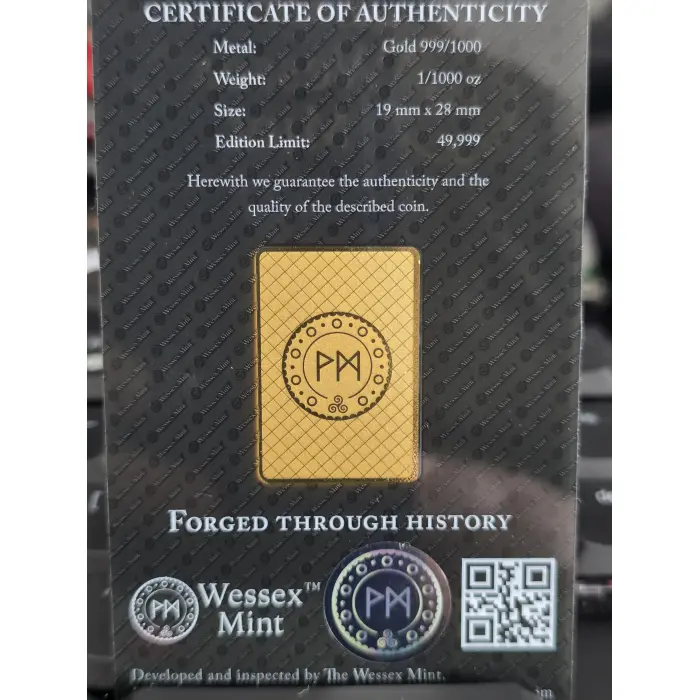 1/1000th oz gold bar "Red Dragon of wales"