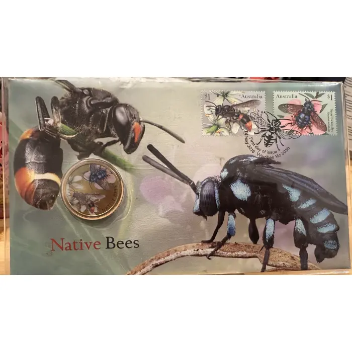 2019 Coloured $1 NATIVE BEES PNC WITH A TUVALU UNC COIN & STAMPS